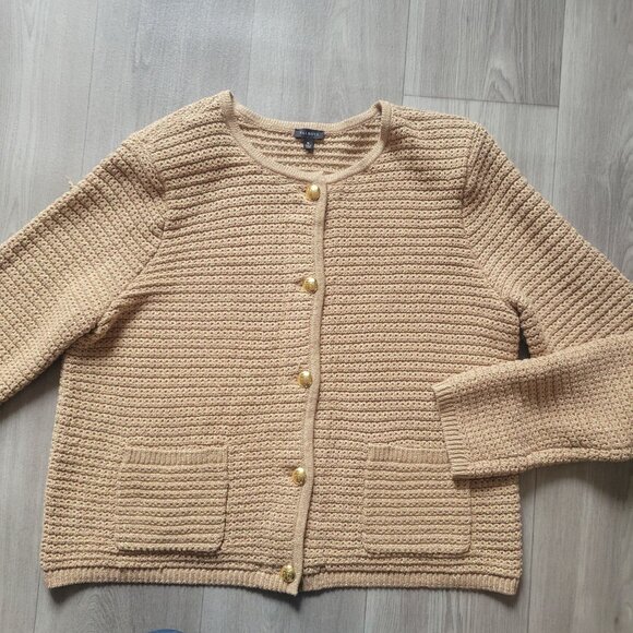 Talbots Gold Crochet Knit Cardigan Sweater W/ Gold Buttons & Pockets 1x - Picture 3 of 11